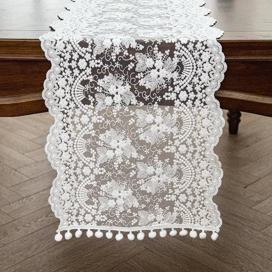 Chemin de table en crochet avec grille Blanc Soie / 40x180cm